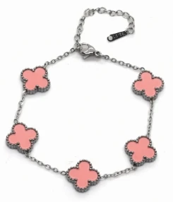 Pulsera tobillera de acero quirurgico con dijes trebol rosa 18cm + 5cm